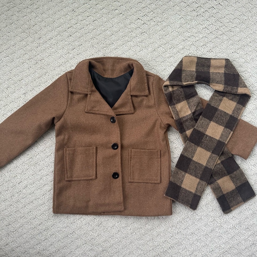 Classic Brown Wool Coat with Matching Buffalo Check Scarf